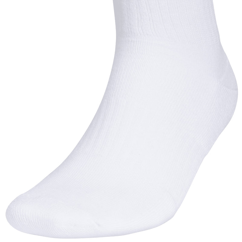 White crew sock with ribbed knit, striped cuff, and adidas trefoil logo