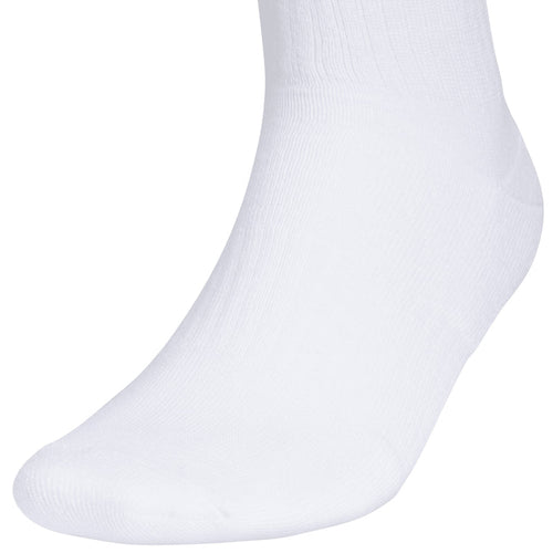 White crew sock with ribbed knit, striped cuff, and adidas trefoil logo