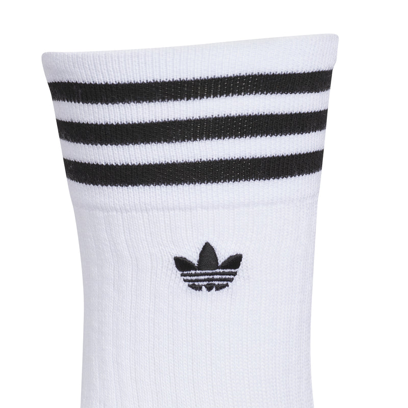 White crew sock with black-and-white striped cuff and adidas trefoil logo