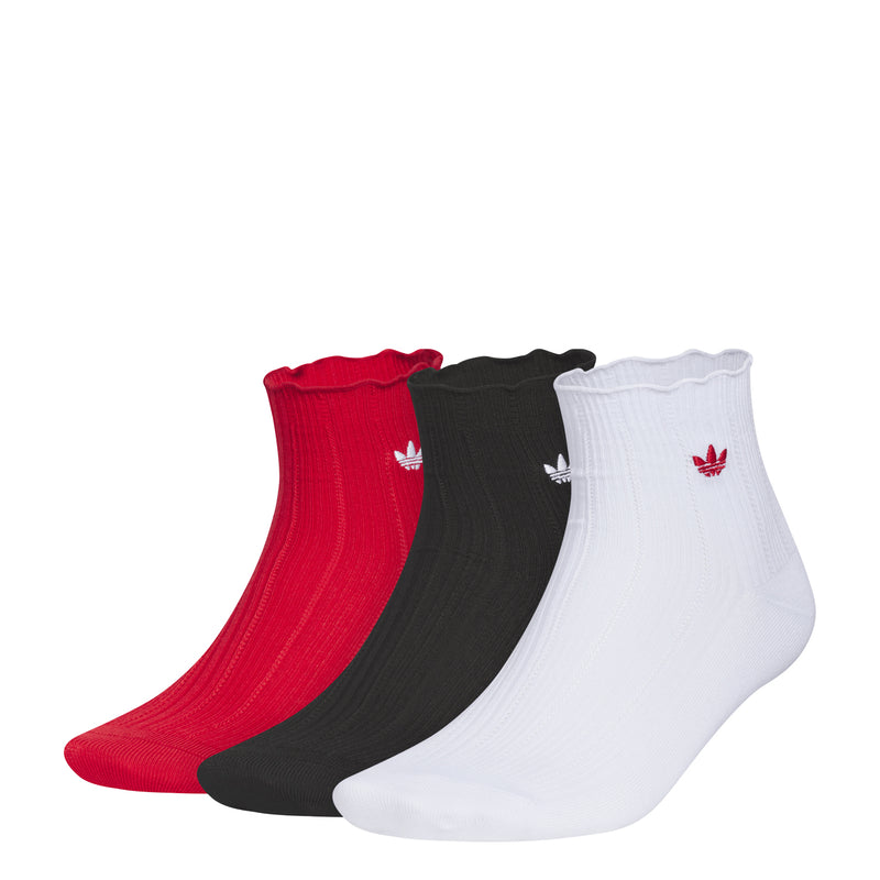 Ruffle quarter socks 3-pack in scarlet, black, and white with adidas trefoil