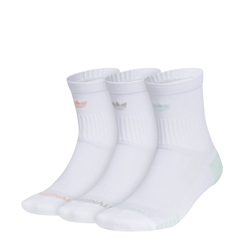 3-pack white high quarter athletic socks with orange logo accents