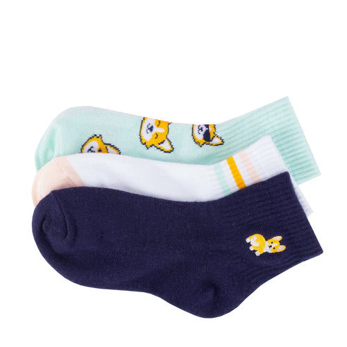 3-pack quarter socks set with navy and mint corgi embroidery, ribbed knit cuffs