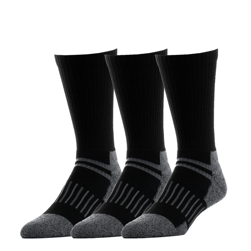 3-pack black crew socks with gray heel/toe and ribbed cuffs