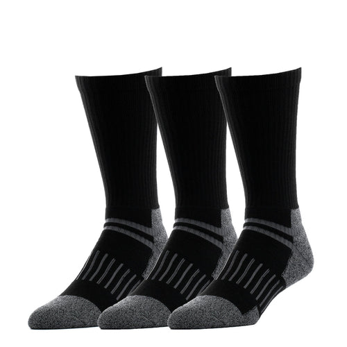 3-pack black crew socks with gray heel/toe and ribbed cuffs