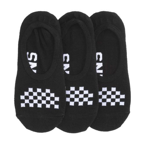 3-pack black low-cut socks with checkered stripe and white lettering at front