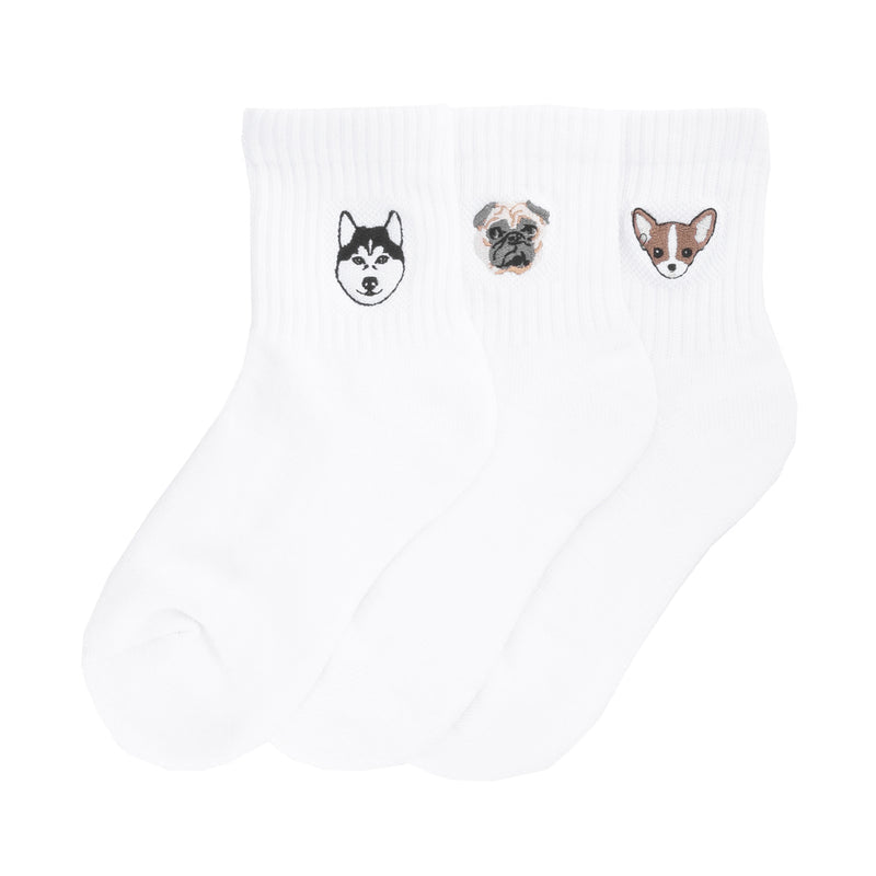 3-pack white half-crew socks with small embroidered dog face icons