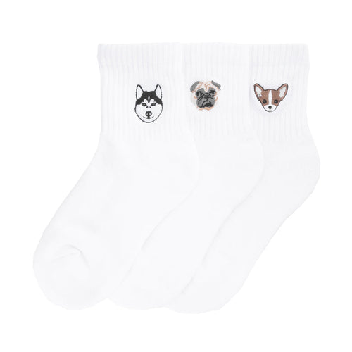3-pack white half-crew socks with small embroidered dog face icons