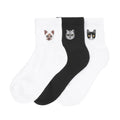 3-pack small half-crew socks with embroidered cat faces, white and black knit