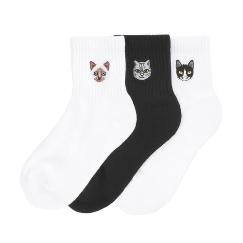 3-pack small half-crew socks with embroidered cat faces, white and black knit