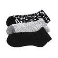 3-pack fuzzy no-show socks in leopard print, gray, and black