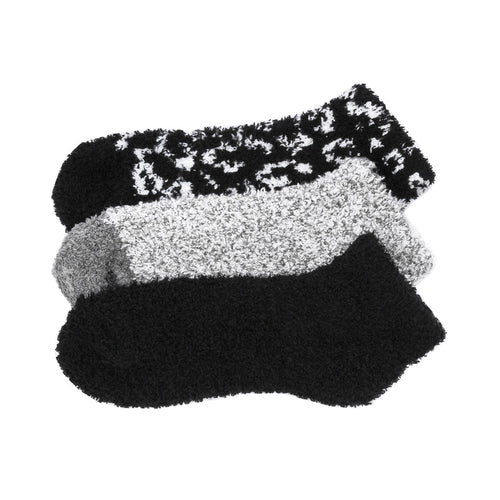 3-pack fuzzy no-show socks in leopard print, gray, and black