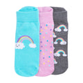 3-pack small no-show socks: blue, pink, dark gray with rainbow cloud prints