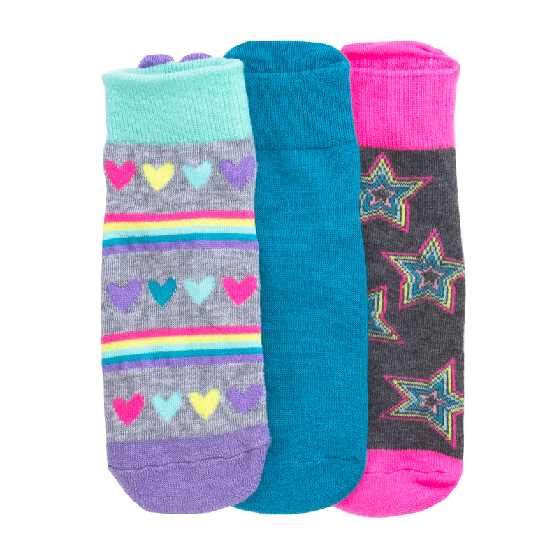 3-pack no show socks: purple heart stripe, teal solid, gray star graphic