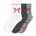 3-pack quarter socks in white and gray with red bows and heart pattern