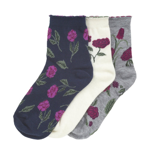 3-pack quarter ankle socks with rose floral prints: navy, cream, and gray.