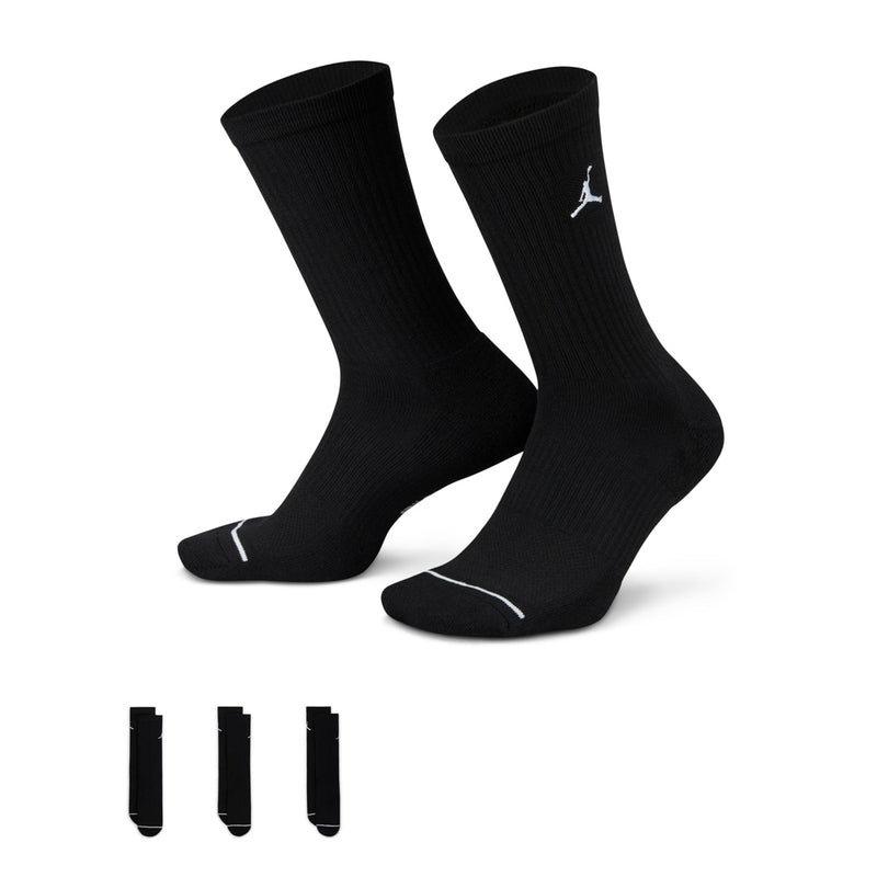 Black unisex crew socks with white Jordan logo at ankle, 3-pack