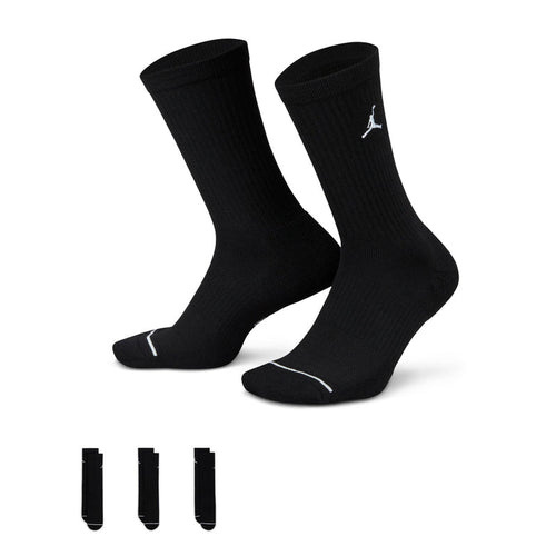 Black unisex crew socks with white Jordan logo at ankle, 3-pack