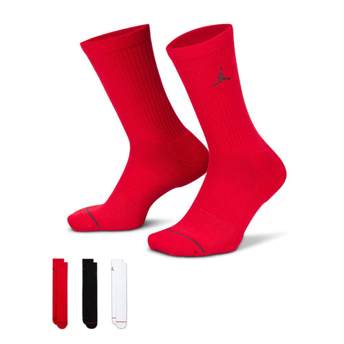 3-pack unisex crew socks in red, black Jordan logo, ribbed knit