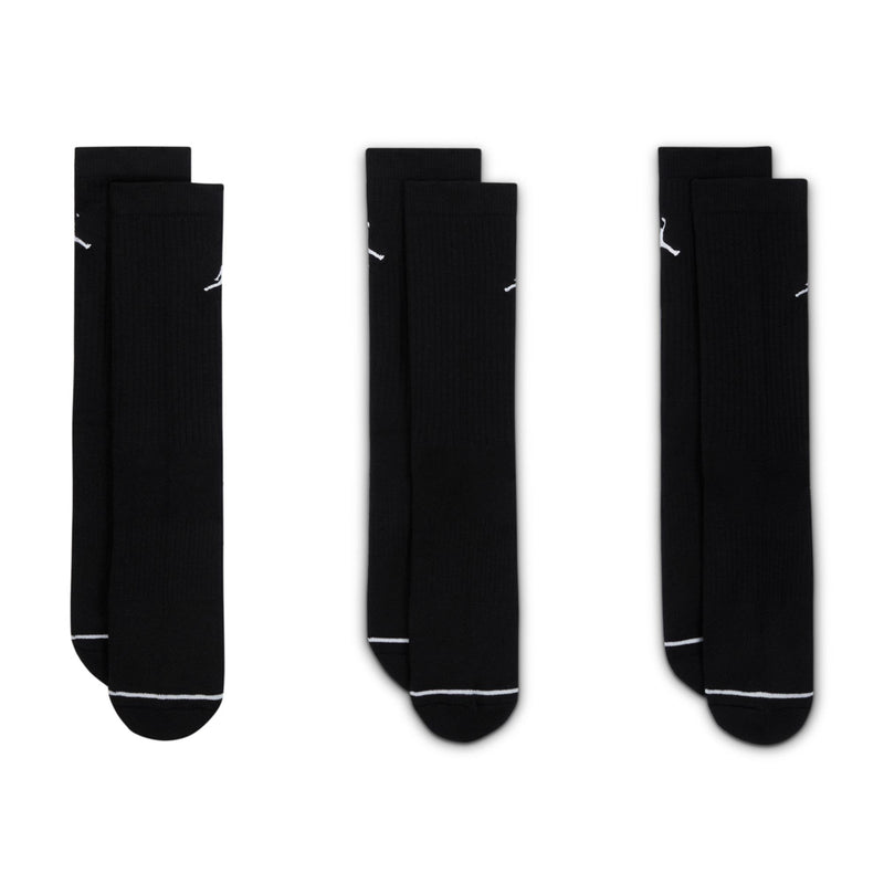 Black crew socks with white Jordan logos, contrasting white toe trim, 3-pack