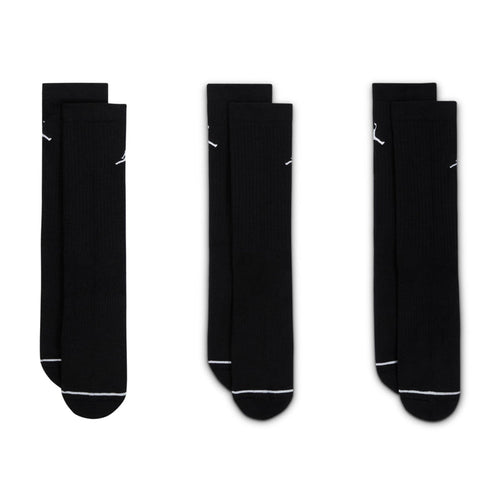 Black crew socks with white Jordan logos, contrasting white toe trim, 3-pack