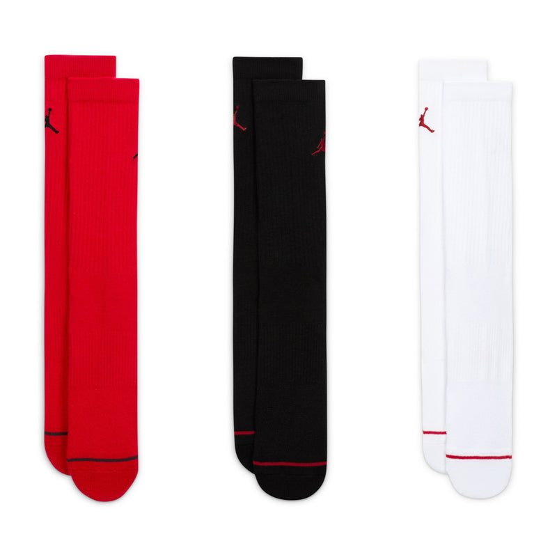 3-pack unisex crew socks in red, black, and white, ribbed knit, Jordan logo
