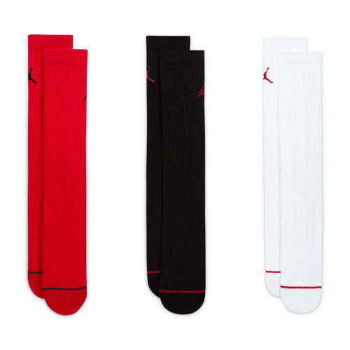 3-pack unisex crew socks in red, black, and white, ribbed knit, Jordan logo