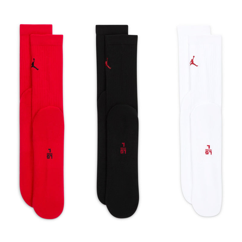 3-pack unisex crew socks with Jordan logo in red, black, and white, ribbed cuff
