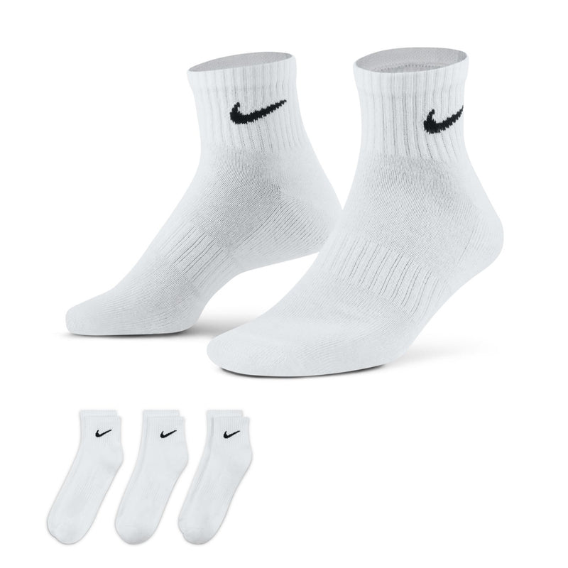 White quarter crew socks with black Nike swoosh, cushioned ankle
