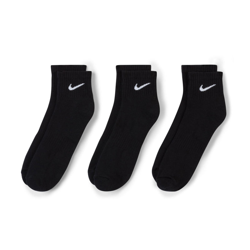Black cushioned quarter crew socks, three pairs shown with Nike swoosh