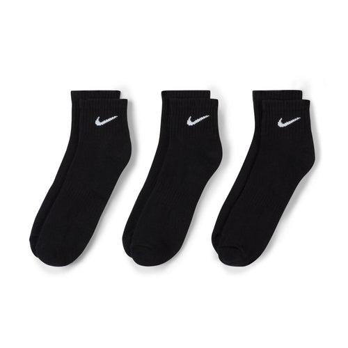 Black cushioned quarter crew socks, three pairs shown with Nike swoosh