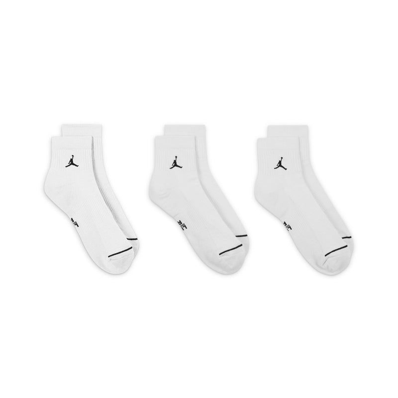 3-pack unisex quarter socks in white, side view with black Jumpman logo