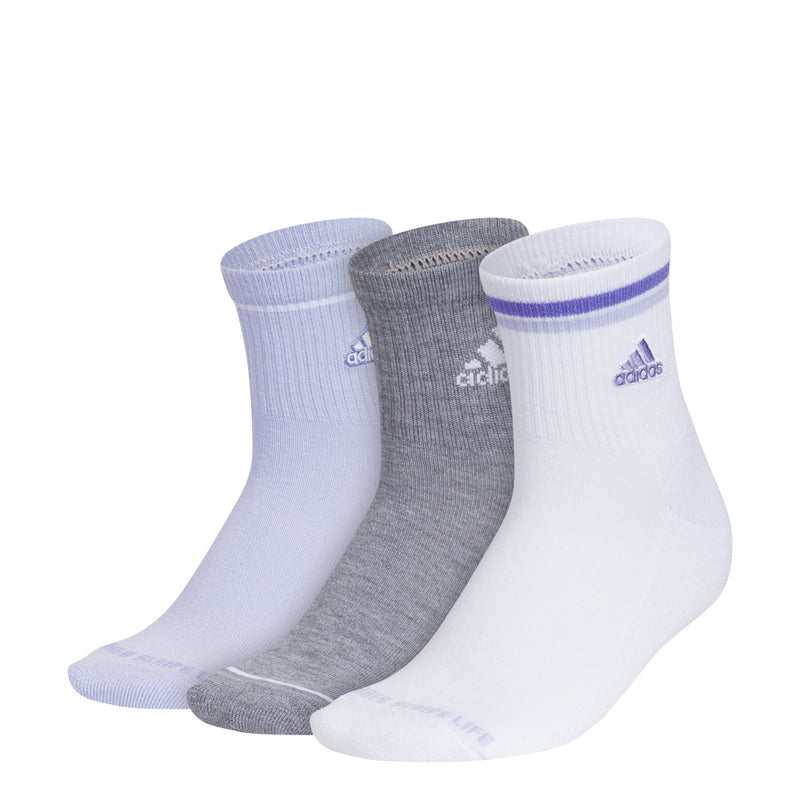 3-pack women’s high-quarter sport socks: violet, medium grey, and white with purple accents