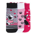 3-pack x-small ankle tab no-show socks in rose, gray, and black with dog & heart prints.