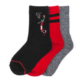 Three-pack crew socks: black with basketball graphic, red and gray ribbed stripes