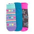 3-pack x-small no-show ankle socks: purple hearts stripes, teal solid, pink stars
