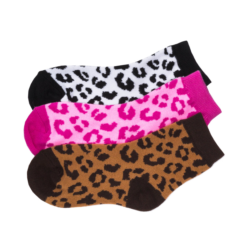 Three-pack X-small quarter socks with leopard prints in pink, black, and brown