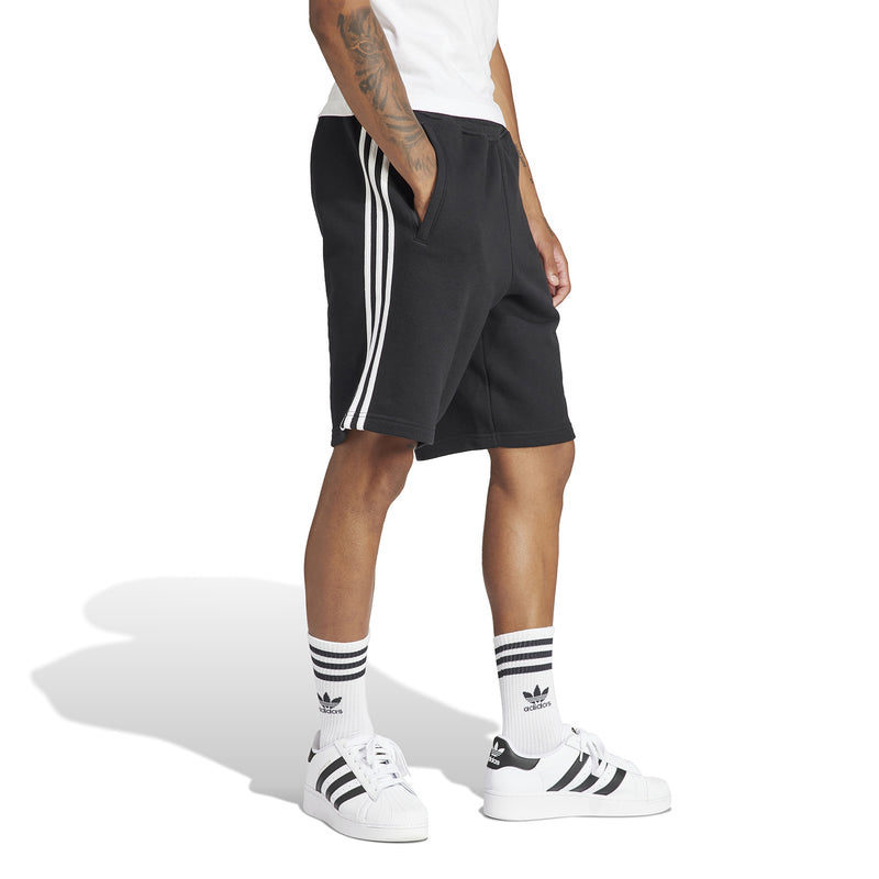 Men's black adidas 3-Stripe shorts, angled side profile with white stripe detail