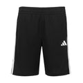 Youth black athletic shorts with three white side stripes and Adidas logo