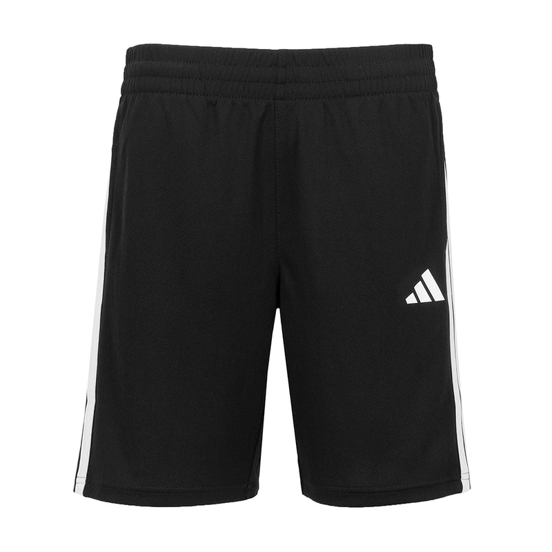 Youth black athletic shorts with three white side stripes and Adidas logo