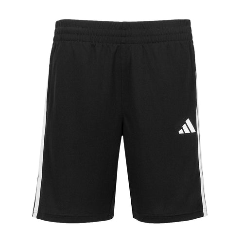Youth black athletic shorts with three white side stripes and Adidas logo