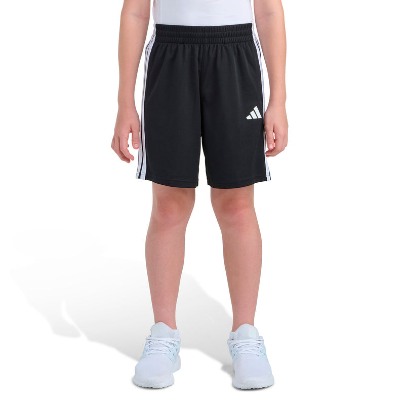 Youth black athletic shorts, elastic waistband, three white side stripes, Adidas logo