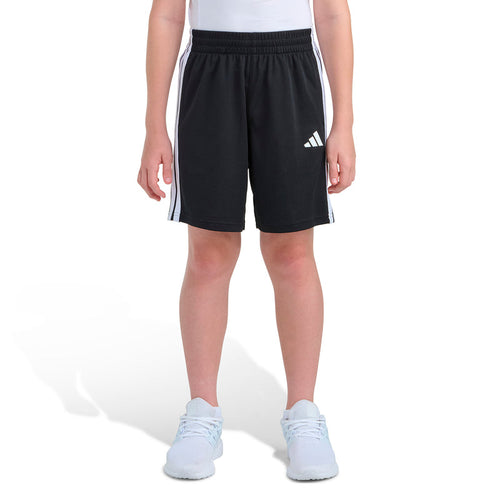 Youth black athletic shorts, elastic waistband, three white side stripes, Adidas logo