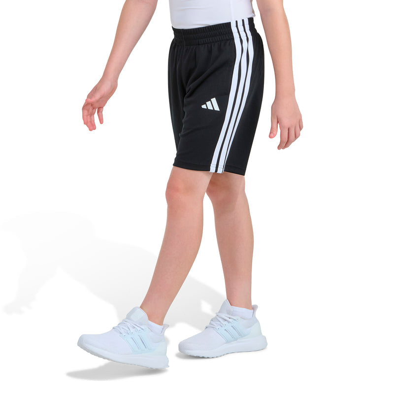 Youth black athletic shorts with three white vertical stripes and Adidas wordmark