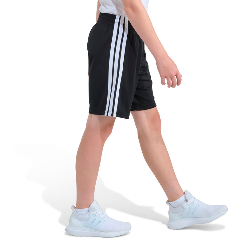 Youth black athletic shorts with three white side stripes, knee-length fit