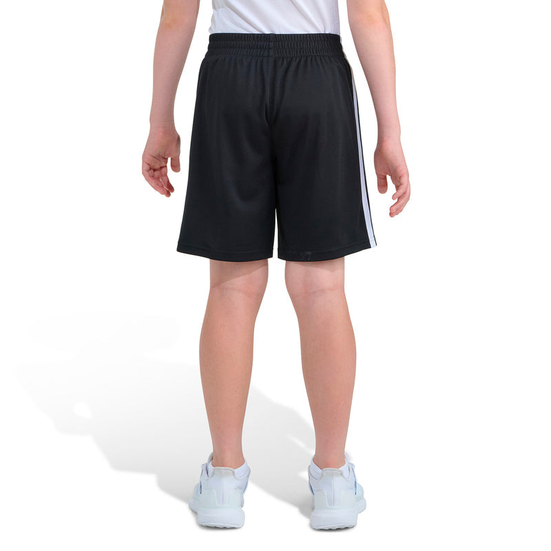Youth black athletic shorts with elastic waistband and three white side stripes