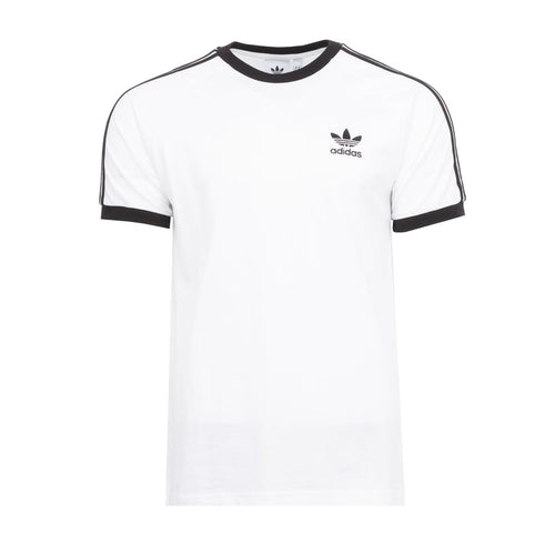 Men's white Adidas T-shirt with black crew neck trim and trefoil logo