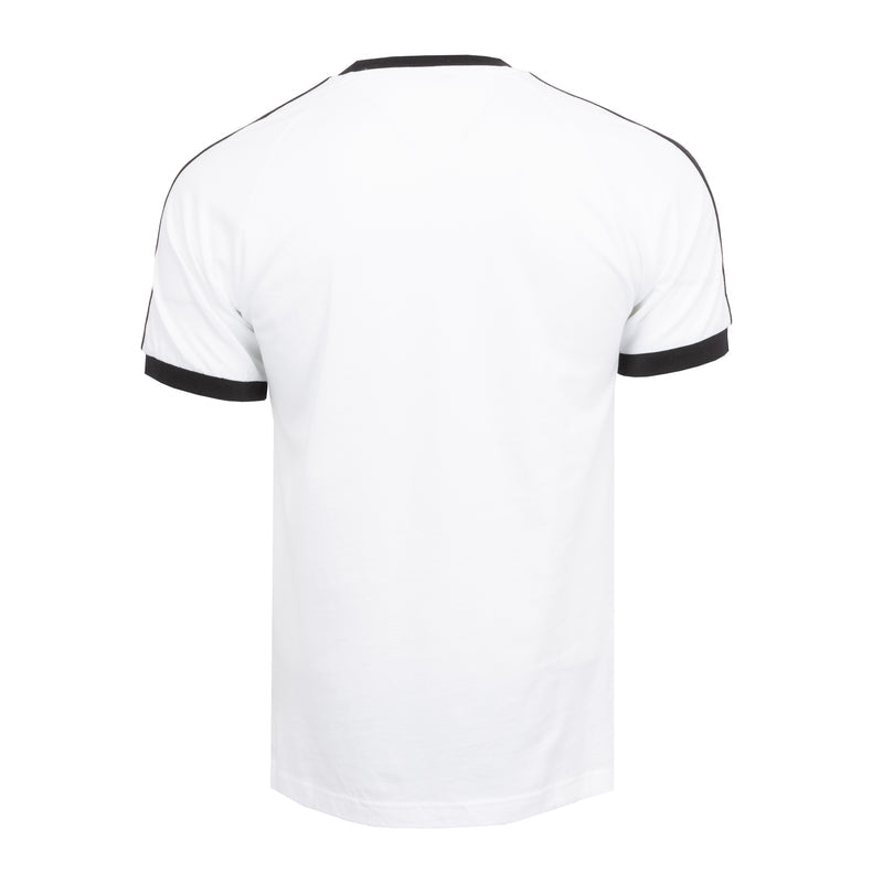 Men's white Adidas T-shirt back view with black contrast collar and sleeve cuffs
