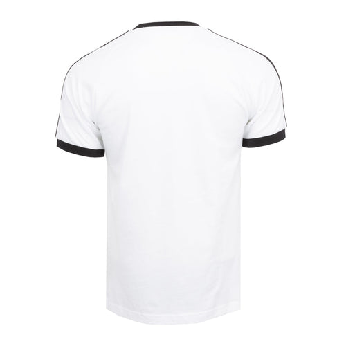 Men's white Adidas T-shirt back view with black contrast collar and sleeve cuffs