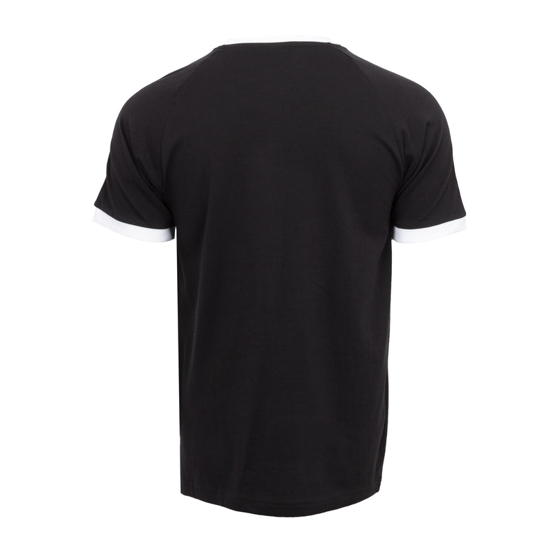 Men's black T-shirt with white-striped raglan sleeves from back view