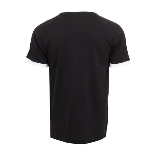 Men's black T-shirt with white-striped raglan sleeves from back view